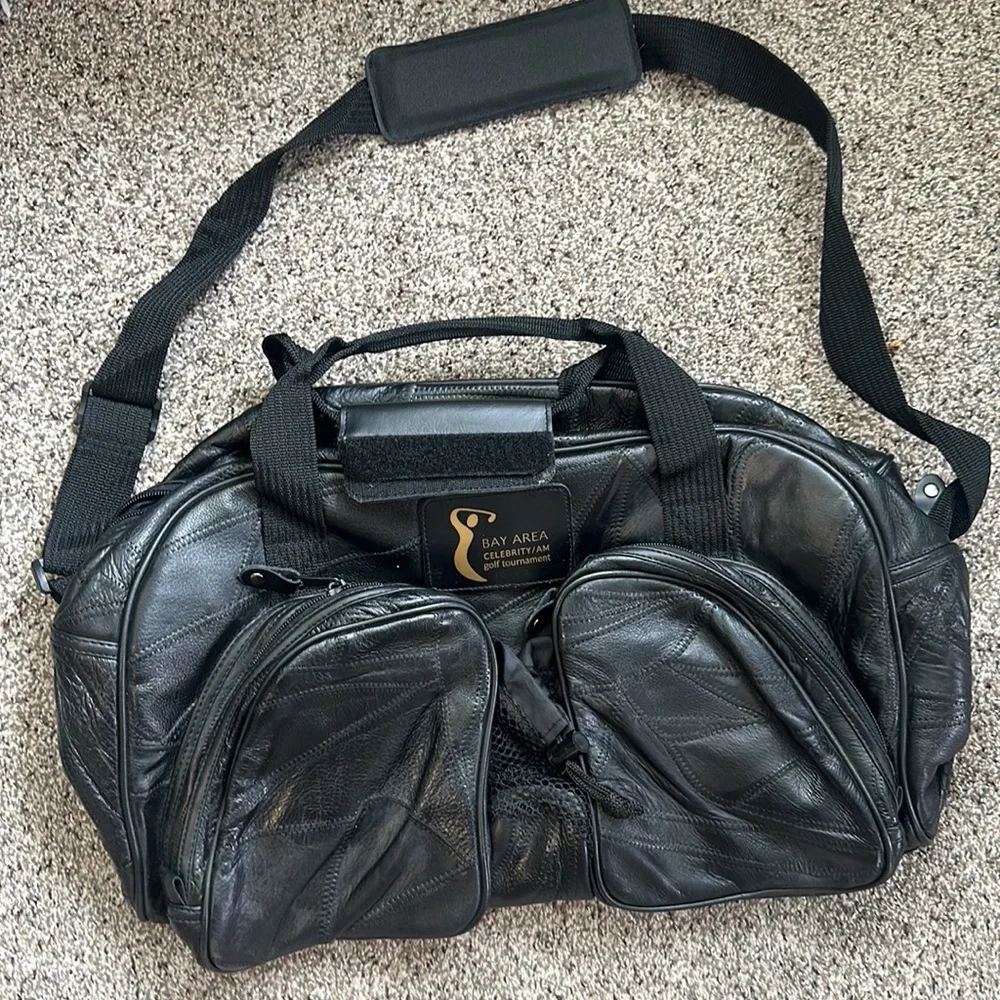 Black leather Bay Area celebrity/AM golf tournament bag